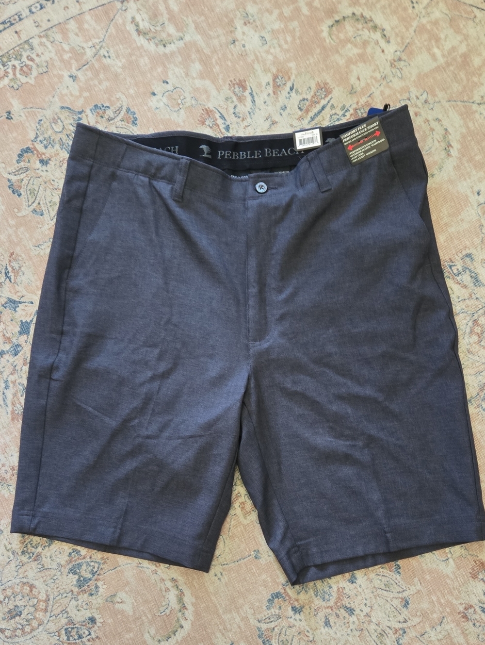 Pebble Beach Charcoal Performance Flat-Front Shorts DryLuxe Elastic Waist 36 NEW